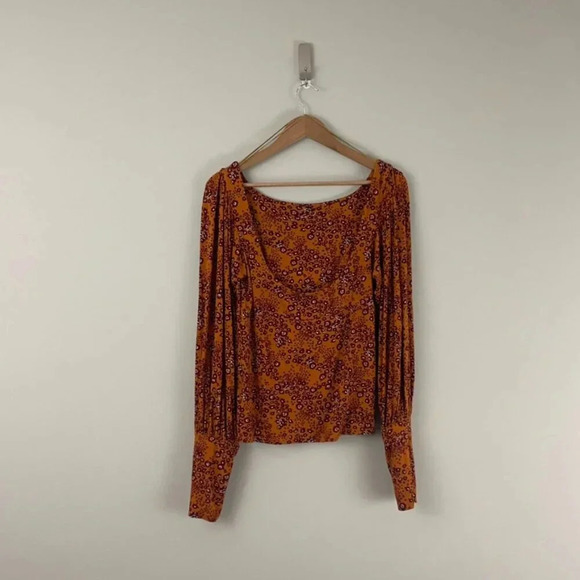 Free People Rust Orange Floral Balloon Sleeve Knit Top Size Small - Picture 2 of 7